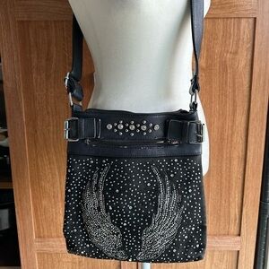 Black Rhinestone Studded Angle Wing Crossbody Bag